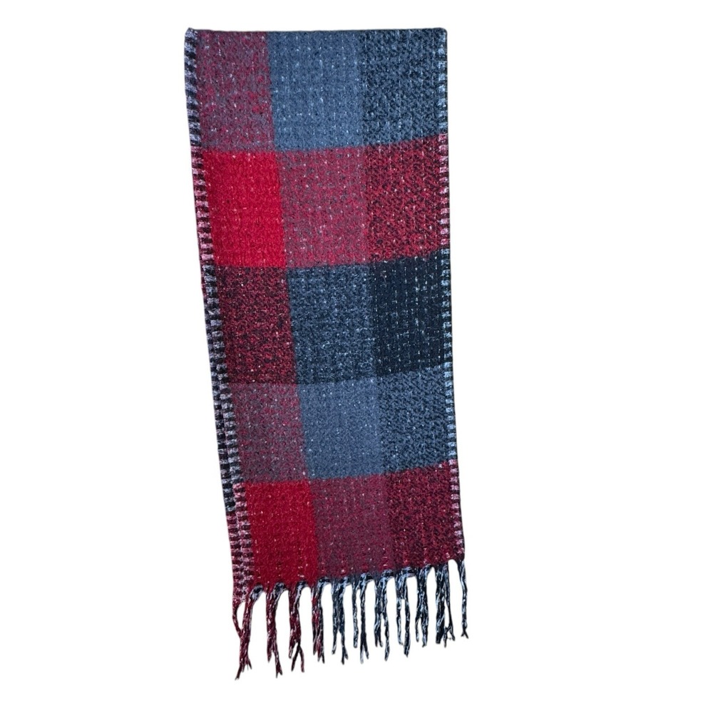 Steve Madden Plaid Blanket Scarf With‎ Fringe Black Red White One Size Unisex